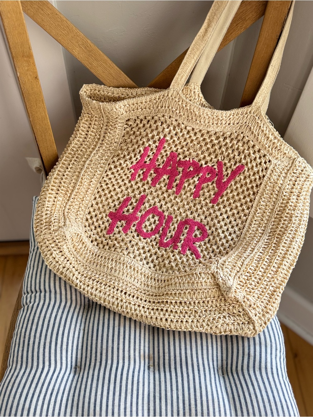 Vintage Y2K Sonoma Tan Hot Pink Happy Hour Crochet Raffia Summer Beach Tote Bag